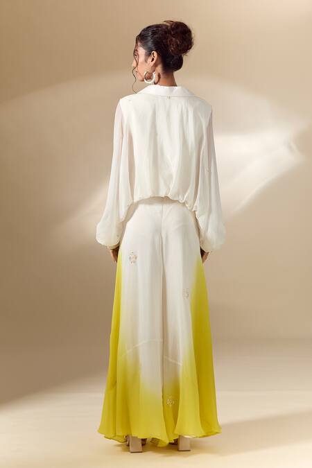 Shop Samyukta Singhania White Crepe Embroidery Collared Tassel Detailed Shirt With Pant at Aza Fashions Shop_Samyukta Singhania_White Crepe Embroidery Collared Tassel Detailed Shirt With Pant_at_Aza_Fashions