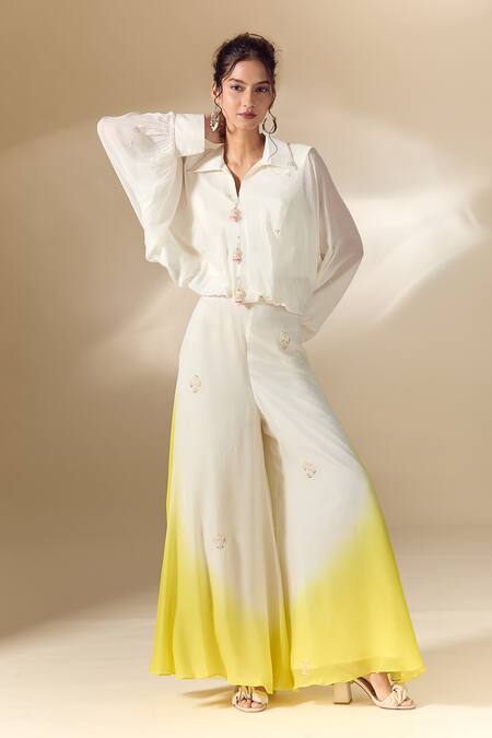 Samyukta Singhania White Crepe Embroidery Collared Tassel Detailed Shirt With Pant Online at Aza Fashions Samyukta Singhania_White Crepe Embroidery Collared Tassel Detailed Shirt With Pant_Online_at_Aza_Fashions