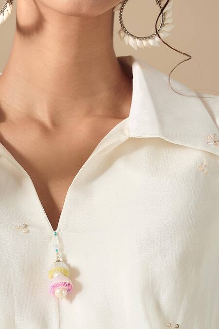Shop Samyukta Singhania White Crepe Embroidery Collared Tassel Detailed Shirt With Pant Online at Aza Fashions Shop_Samyukta Singhania_White Crepe Embroidery Collared Tassel Detailed Shirt With Pant_Online_at_Aza_Fashions