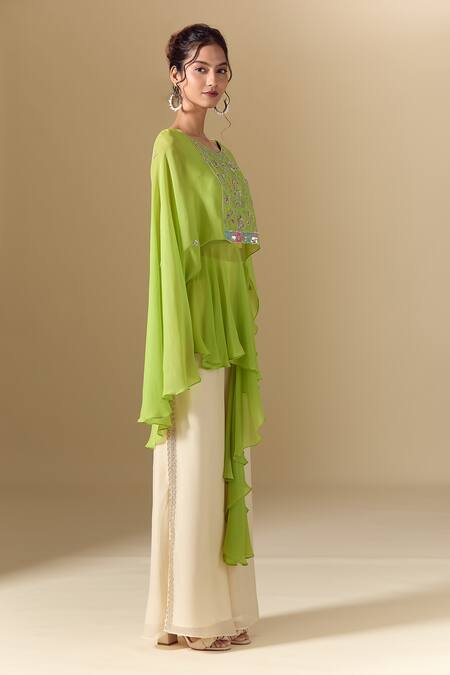 Samyukta Singhania_Green Crepe Embroidery Round Neck Floral Hand Tunic With Pant_Online_at_Aza_Fashions