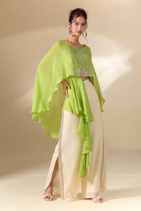 Buy_Samyukta Singhania_Green Crepe Embroidery Round Neck Floral Hand Tunic With Pant_Online_at_Aza_Fashions