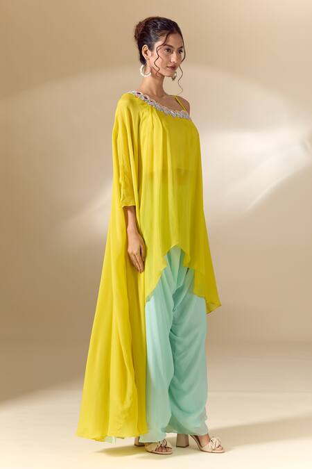Samyukta Singhania_Yellow Crepe Mirrors, Beads Asymmetric Hand Embroidered Tunic With Palazzo_Online_at_Aza_Fashions