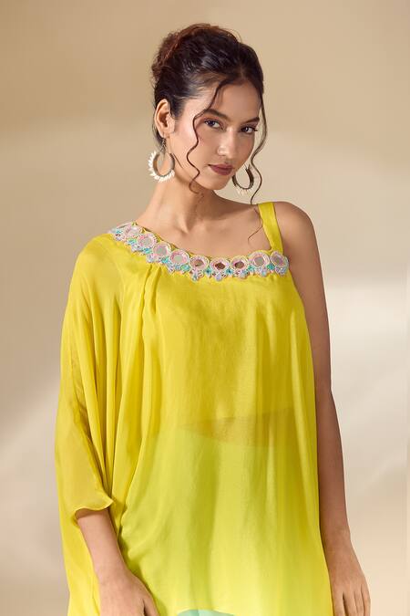 Shop_Samyukta Singhania_Yellow Crepe Mirrors, Beads Asymmetric Hand Embroidered Tunic With Palazzo_Online_at_Aza_Fashions