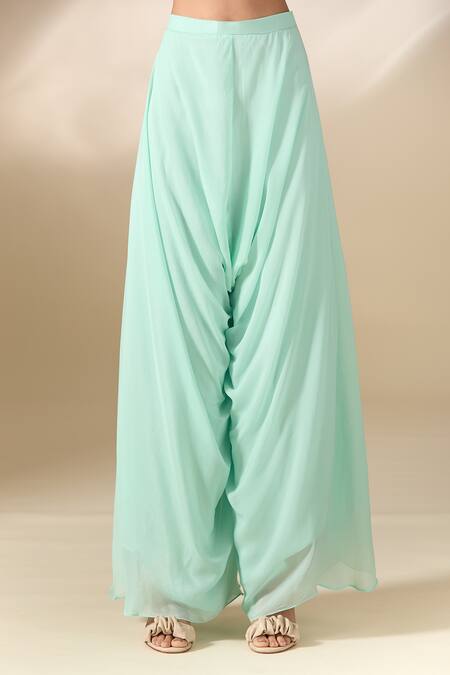 Samyukta Singhania_Yellow Crepe Mirrors, Beads Asymmetric Hand Embroidered Tunic With Palazzo_at_Aza_Fashions