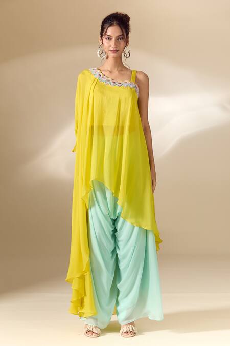 Buy_Samyukta Singhania_Yellow Crepe Mirrors, Beads Asymmetric Hand Embroidered Tunic With Palazzo