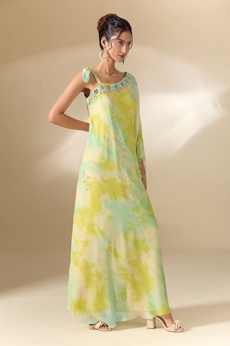 Shop_Samyukta Singhania_White Crepe Sequins, Embroidery Asymmetric Tie-dye Detailed Dress _at_Aza_Fashions