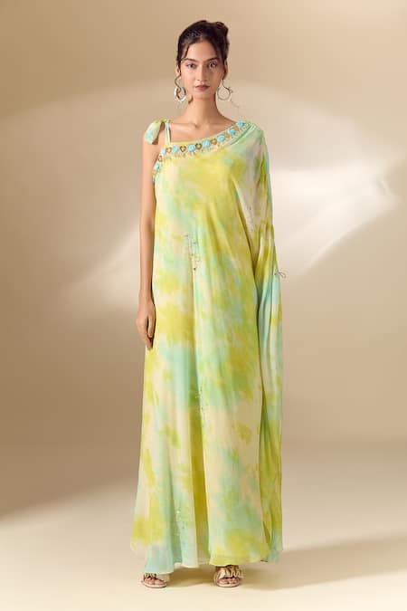 Samyukta Singhania_White Crepe Sequins, Embroidery Asymmetric Tie-dye Detailed Dress _Online_at_Aza_Fashions