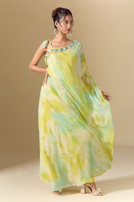 Buy_Samyukta Singhania_White Crepe Sequins, Embroidery Asymmetric Tie-dye Detailed Dress _Online_at_Aza_Fashions