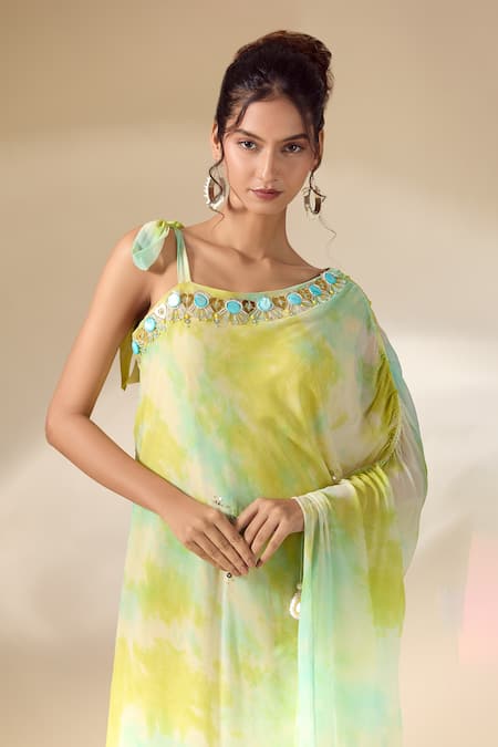 Shop_Samyukta Singhania_White Crepe Sequins, Embroidery Asymmetric Tie-dye Detailed Dress _Online_at_Aza_Fashions