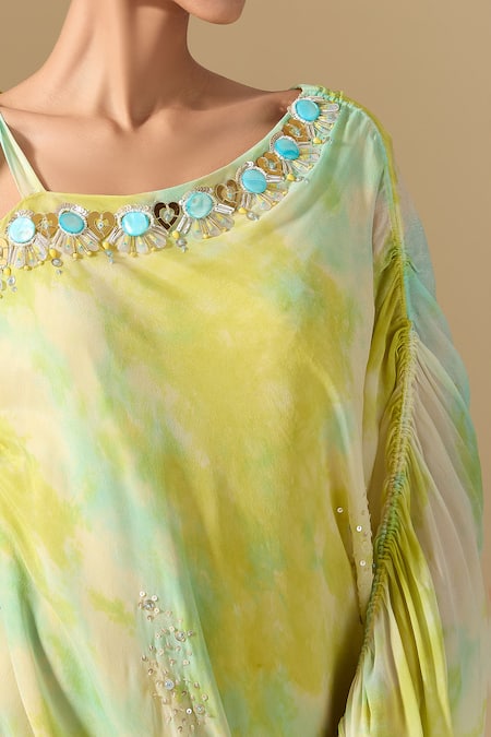 Samyukta Singhania_White Crepe Sequins, Embroidery Asymmetric Tie-dye Detailed Dress _at_Aza_Fashions