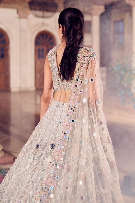 Shop_Swish By Dolcy And Simran_Blue Net Sequins, Mirrors, Cut Work Chandni Mirrorwork Embroidered Lehenga Set _at_Aza_Fashions