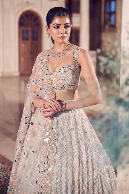 Buy_Swish By Dolcy And Simran_Blue Net Sequins, Mirrors, Cut Work Chandni Mirrorwork Embroidered Lehenga Set _Online_at_Aza_Fashions