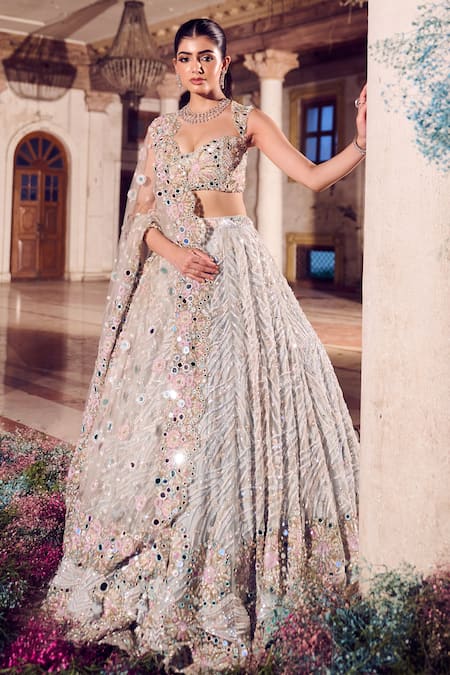 Shop_Swish By Dolcy And Simran_Blue Net Sequins, Mirrors, Cut Work Chandni Mirrorwork Embroidered Lehenga Set _Online_at_Aza_Fashions