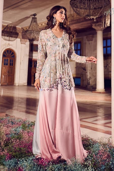 Swish By Dolcy And Simran Kohinoor Mirrorwork Embroidered Peplum Kurta Flared Pant Set 