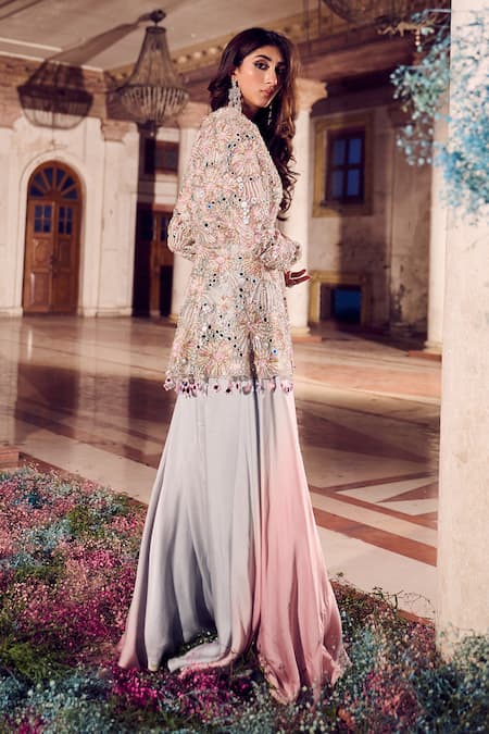 Shop_Swish By Dolcy And Simran_Blue Net, Satin, Kohinoor Mirrorwork Embroidered Peplum Kurta Flared Pant Set _at_Aza_Fashions