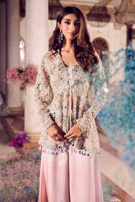 Swish By Dolcy And Simran_Blue Net, Satin, Kohinoor Mirrorwork Embroidered Peplum Kurta Flared Pant Set _Online_at_Aza_Fashions