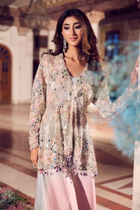 Buy_Swish By Dolcy And Simran_Blue Net, Satin, Kohinoor Mirrorwork Embroidered Peplum Kurta Flared Pant Set _Online_at_Aza_Fashions