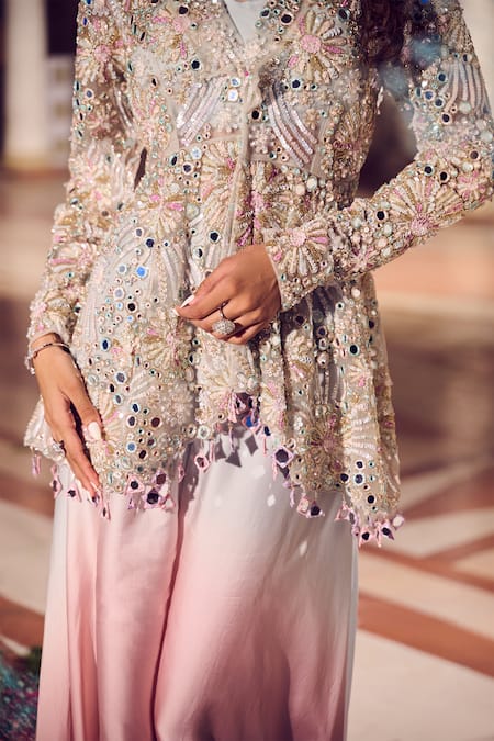 Shop_Swish By Dolcy And Simran_Blue Net, Satin, Kohinoor Mirrorwork Embroidered Peplum Kurta Flared Pant Set _Online_at_Aza_Fashions