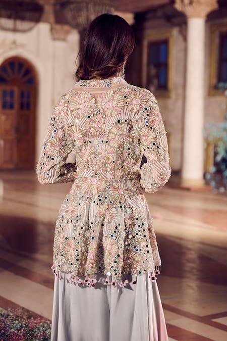 Buy_Swish By Dolcy And Simran_Blue Net, Satin, Kohinoor Mirrorwork Embroidered Peplum Kurta Flared Pant Set 