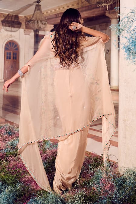 Shop Swish By Dolcy And Simran Peach Crepe, Kota Doria Cut Sahiba Mirrorwork Scallop Cape Draped Skirt Set at Aza Fashions Shop_Swish By Dolcy And Simran_Peach Crepe, Kota Doria Cut Sahiba Mirrorwork Scallop Cape Draped Skirt Set _at_Aza_Fashions