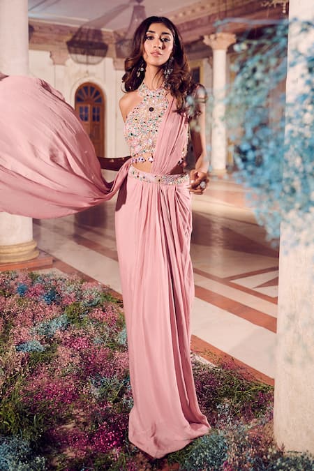 Shop Swish By Dolcy And Simran Rose Gold Net, Crepe, Linen Pre-draped Skirt Saree With Embroidered Bustier Online at Aza Fashions Shop_Swish By Dolcy And Simran_Rose Gold Net, Crepe, Linen Pre-draped Skirt Saree With Embroidered Bustier _Online_at_Aza_Fashions