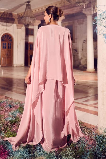 Shop Swish By Dolcy And Simran Rose Gold Crepe Embroidered Mirror Kaftan V-neck Ruhani Draped Skirt Set at Aza Fashions Shop_Swish By Dolcy And Simran_Rose Gold Crepe Embroidered Mirror Kaftan V-neck Ruhani Draped Skirt Set _at_Aza_Fashions
