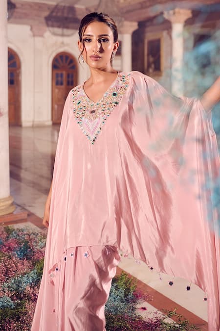 Swish By Dolcy And Simran Rose Gold Crepe Embroidered Mirror Kaftan V-neck Ruhani Draped Skirt Set Online at Aza Fashions Swish By Dolcy And Simran_Rose Gold Crepe Embroidered Mirror Kaftan V-neck Ruhani Draped Skirt Set _Online_at_Aza_Fashions