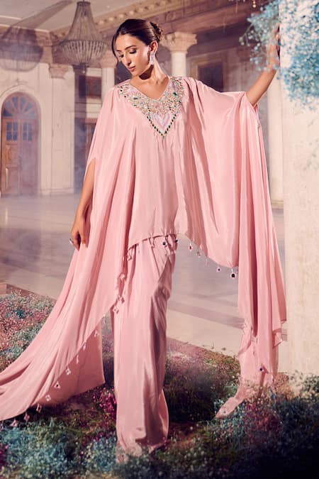 Buy Swish By Dolcy And Simran Rose Gold Crepe Embroidered Mirror Kaftan V-neck Ruhani Draped Skirt Set Online at Aza Fashions Buy_Swish By Dolcy And Simran_Rose Gold Crepe Embroidered Mirror Kaftan V-neck Ruhani Draped Skirt Set _Online_at_Aza_Fashions