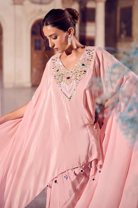 Shop Swish By Dolcy And Simran Rose Gold Crepe Embroidered Mirror Kaftan V-neck Ruhani Draped Skirt Set Online at Aza Fashions Shop_Swish By Dolcy And Simran_Rose Gold Crepe Embroidered Mirror Kaftan V-neck Ruhani Draped Skirt Set _Online_at_Aza_Fashions
