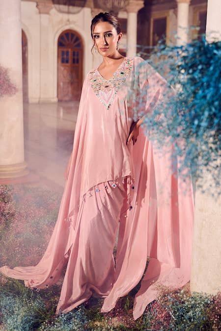Swish By Dolcy And Simran Rose Gold Crepe Embroidered Mirror Kaftan V-neck Ruhani Draped Skirt Set at Aza Fashions Swish By Dolcy And Simran_Rose Gold Crepe Embroidered Mirror Kaftan V-neck Ruhani Draped Skirt Set _at_Aza_Fashions