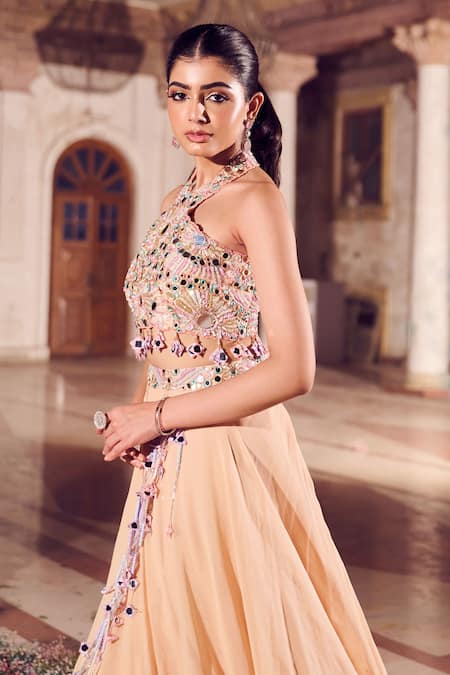 Swish By Dolcy And Simran Peach Net, Crepe, Linen Nafisa Embellished Lehenga With Embroidered Blouse Online at Aza Fashions Swish By Dolcy And Simran_Peach Net, Crepe, Linen Nafisa Embellished Lehenga With Embroidered Blouse _Online_at_Aza_Fashions
