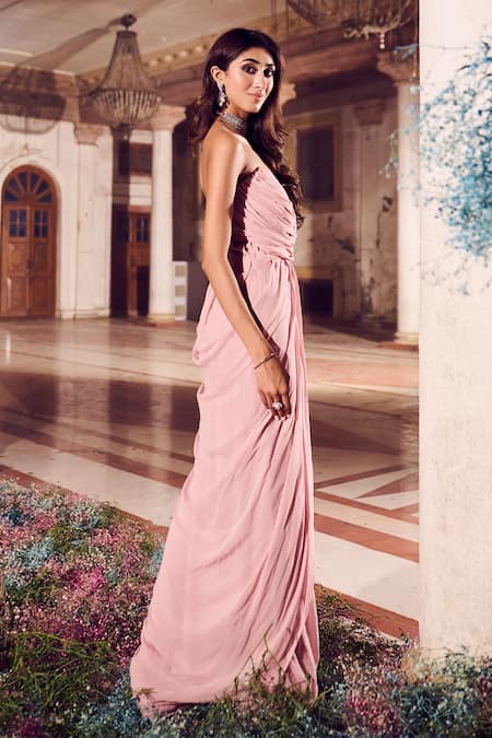 Shop Swish By Dolcy And Simran Rose Gold Crepe Sequins, Cut Work, Mirrors Nayantara Draped Embroidered Gown at Aza Fashions Shop_Swish By Dolcy And Simran_Rose Gold Crepe Sequins, Cut Work, Mirrors Nayantara Draped Embroidered Gown _at_Aza_Fashions