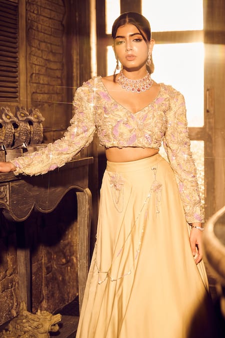 Shop Swish By Dolcy And Simran Multi Color Net, Crepe, Linen Sequins, Ara Tasselled Waist Lehenga With Blouse at Aza Fashions Shop_Swish By Dolcy And Simran_Multi Color Net, Crepe, Linen Sequins, Ara Tasselled Waist Lehenga With Blouse _at_Aza_Fashions