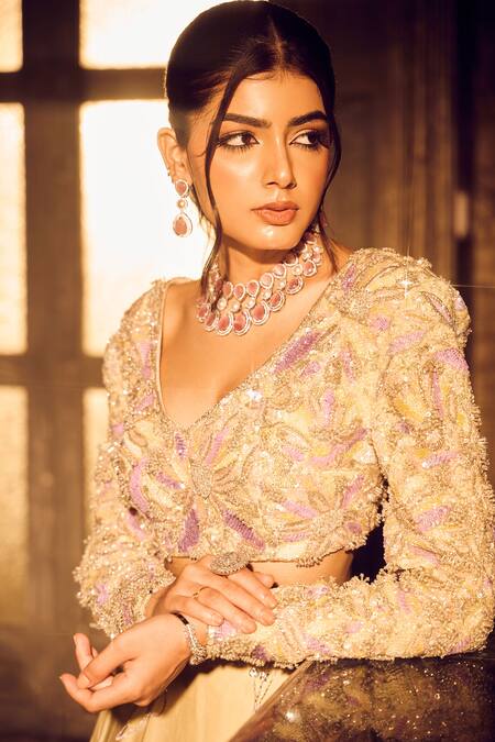 Swish By Dolcy And Simran Multi Color Net, Crepe, Linen Sequins, Ara Tasselled Waist Lehenga With Blouse Online at Aza Fashions Swish By Dolcy And Simran_Multi Color Net, Crepe, Linen Sequins, Ara Tasselled Waist Lehenga With Blouse _Online_at_Aza_Fashions