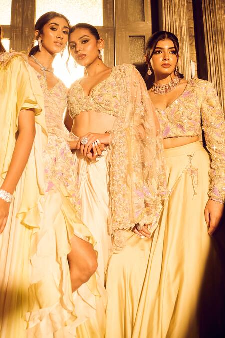 Shop Swish By Dolcy And Simran Multi Color Net, Crepe, Linen Sequins, Ara Tasselled Waist Lehenga With Blouse Online at Aza Fashions Shop_Swish By Dolcy And Simran_Multi Color Net, Crepe, Linen Sequins, Ara Tasselled Waist Lehenga With Blouse _Online_at_Aza_Fashions