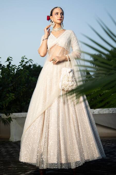 Tanu Malhotra_Ivory Net Sequins, Tassels, Embroidery V-neck Pleated Lehenga Set _Online_at_Aza_Fashions