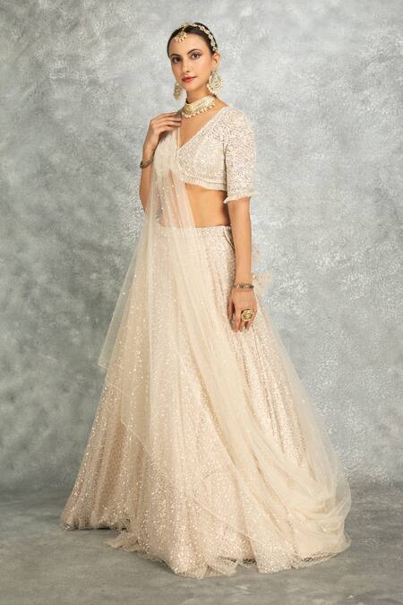 Tanu Malhotra_Ivory Net Sequins, Tassels, Embroidery V-neck Pleated Lehenga Set _at_Aza_Fashions