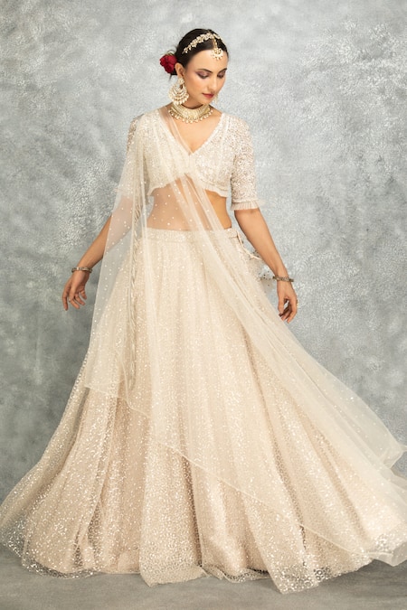 Buy_Tanu Malhotra_Ivory Net Sequins, Tassels, Embroidery V-neck Pleated Lehenga Set 
