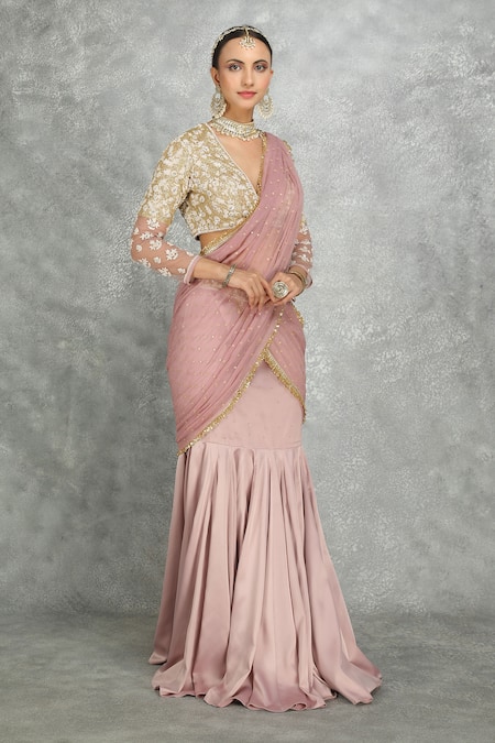 Tanu Malhotra Purple Satin, Net, Chiffon Sequins, Fishcut Pre-draped Saree With Blouse Online at Aza Fashions Tanu Malhotra_Purple Satin, Net, Chiffon Sequins, Fishcut Pre-draped Saree With Blouse _Online_at_Aza_Fashions