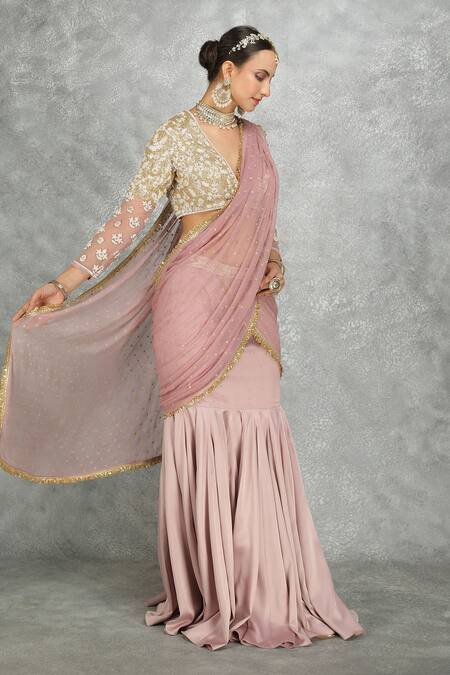 Buy Tanu Malhotra Purple Satin, Net, Chiffon Sequins, Fishcut Pre-draped Saree With Blouse Online at Aza Fashions Buy_Tanu Malhotra_Purple Satin, Net, Chiffon Sequins, Fishcut Pre-draped Saree With Blouse _Online_at_Aza_Fashions