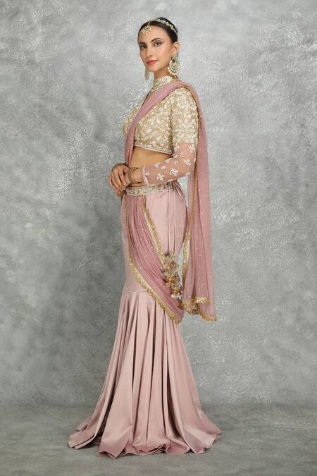 Shop Tanu Malhotra Purple Satin, Net, Chiffon Sequins, Fishcut Pre-draped Saree With Blouse Online at Aza Fashions Shop_Tanu Malhotra_Purple Satin, Net, Chiffon Sequins, Fishcut Pre-draped Saree With Blouse _Online_at_Aza_Fashions
