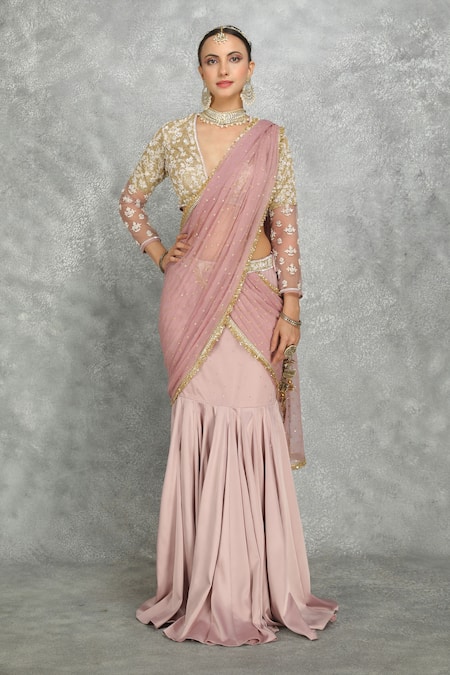 Tanu Malhotra Sequin Embroidered Fishcut Pre-Draped Saree With Blouse 