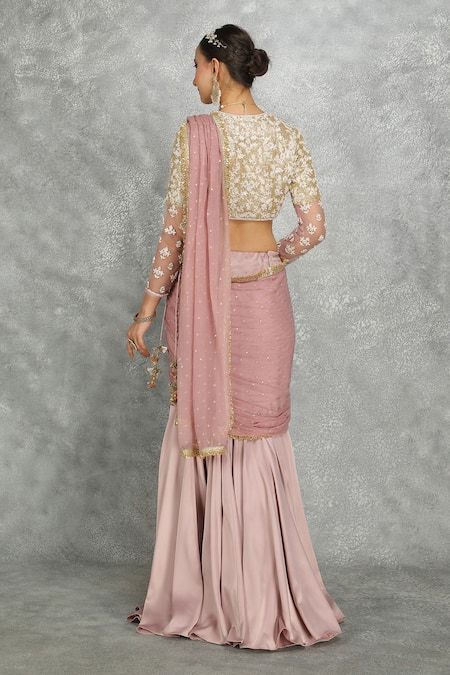 Shop Tanu Malhotra Purple Satin, Net, Chiffon Sequins, Fishcut Pre-draped Saree With Blouse at Aza Fashions Shop_Tanu Malhotra_Purple Satin, Net, Chiffon Sequins, Fishcut Pre-draped Saree With Blouse _at_Aza_Fashions
