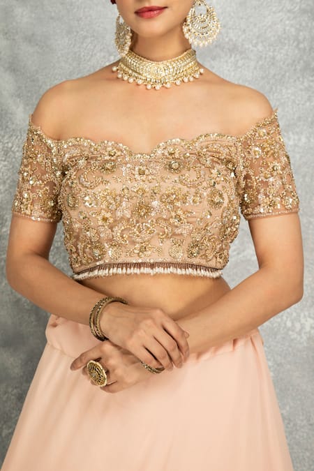 Buy_Tanu Malhotra_Peach Net, Georgette Sequins, Stones, Fringe Floral Embroidered Lehenga Set _Online_at_Aza_Fashions
