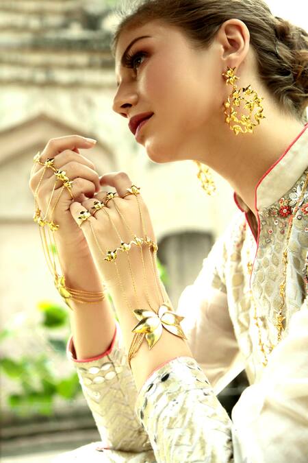 Ornamaas_Gold Plated Bud Bloom Jaal Haathphool _Online_at_Aza_Fashions