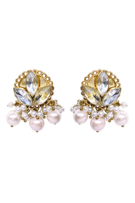 Shop_Ornamaas_Ivory Cubic Zirconia Petal Bloom Pearl Drop Earrings _at_Aza_Fashions