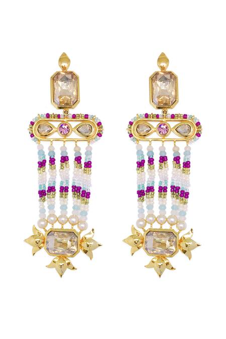 Buy_Ornamaas_Multi Color Pearls, Beads, Crystals Phool Embellished Chandelier Earrings _Online_at_Aza_Fashions