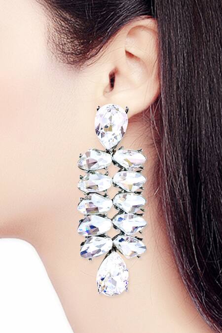 Ornamaas_White Crystals Petal Cubic Zirconia Embellished Danglers _Online_at_Aza_Fashions