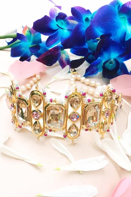 Shop_Ornamaas_Multi Color Cubic Zirconia Quad Blossom Embellished Choker _at_Aza_Fashions