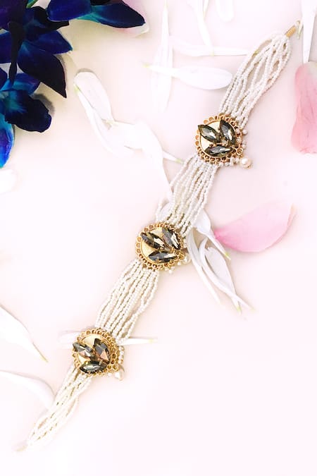 Shop_Ornamaas_Ivory Cubic Zirconia Bloom Embellished Pearl Choker _at_Aza_Fashions